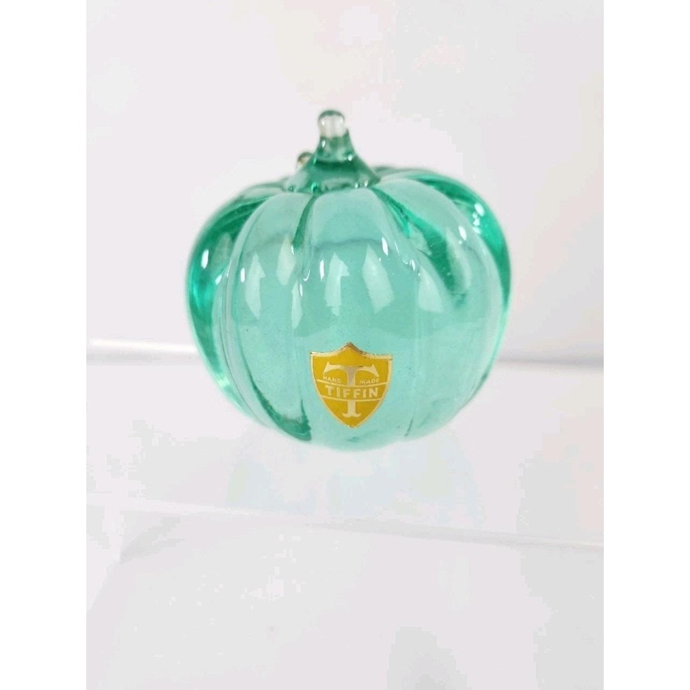 Vtg Tiffin Art Glass Pumpkin Maxwell Crystal Green Aqua Signed Paperweight Decor